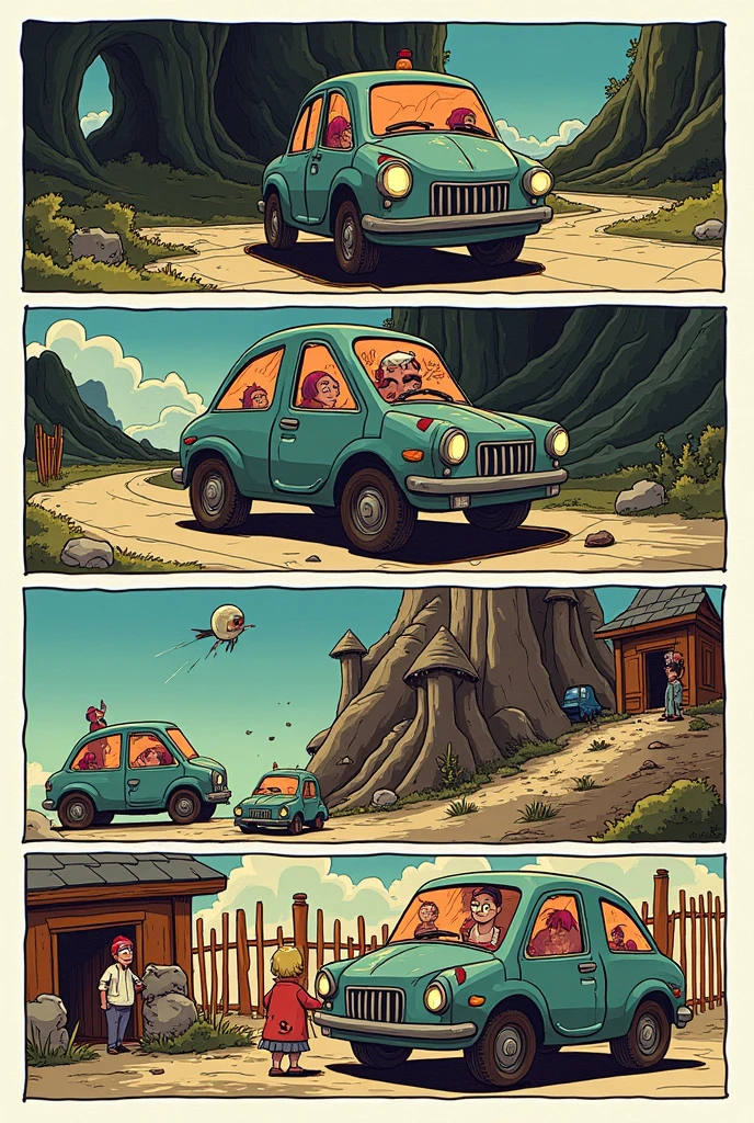 a strip of 5 comics, talking about the work " the car of the boat of hell"