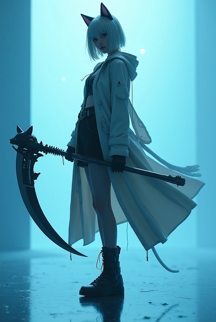 Detailed silhouette of a cyberpunk girl with cat ears and a tail, Bob Cut Hair, Flowing, Tattered coat, He carries a giant scythe with a mechanical cat design.., Stand on the glossy, Minimalist Reflective Surface, Soft Blue Background.looking at the viewer 