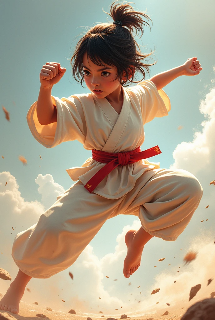 little baby girl with short hair jumping and fighting kicking punching