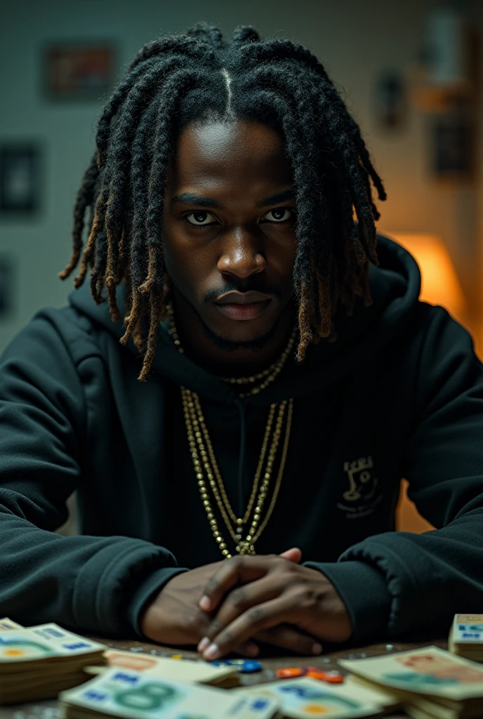 Un noir americain avec des long locks comme chief keef dans une traphouse avec des carte de paiement et des liasse d euro a cote de lui