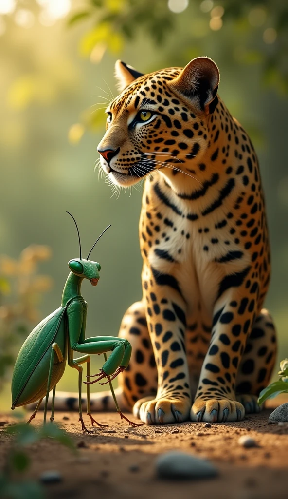The second image shows a combination of a leopard and a praying mantis. The leopard is looking off into the distance with a calm, composed expression, while a large, green praying mantis is positioned in the foreground. The "+" symbol suggests a possible combination or fusion of these two creatures. The background features warm tones, indicating a natural environment with blurred foliage in the background.