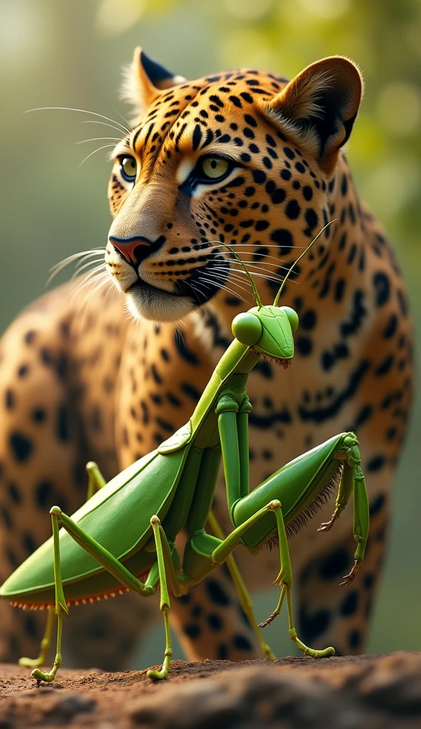 The second image shows a combination of a leopard and a praying mantis. The leopard is looking off into the distance with a calm, composed expression, while a large, green praying mantis is positioned in the foreground. The "+" symbol suggests a possible combination or fusion of these two creatures. The background features warm tones, indicating a natural environment with blurred foliage in the background.