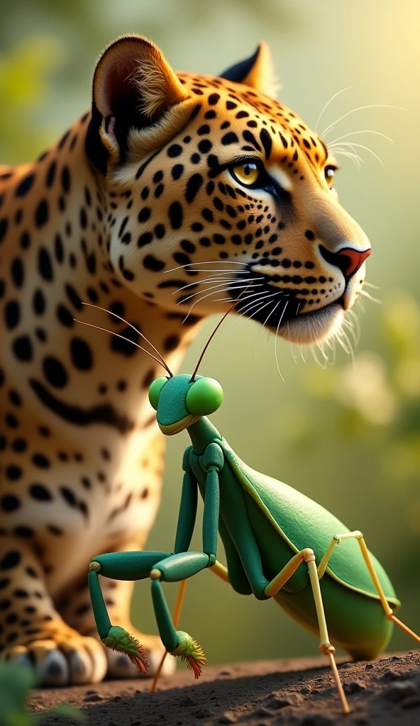The second image shows a combination of a leopard and a praying mantis. The leopard is looking off into the distance with a calm, composed expression, while a large, green praying mantis is positioned in the foreground. The "+" symbol suggests a possible combination or fusion of these two creatures. The background features warm tones, indicating a natural environment with blurred foliage in the background.