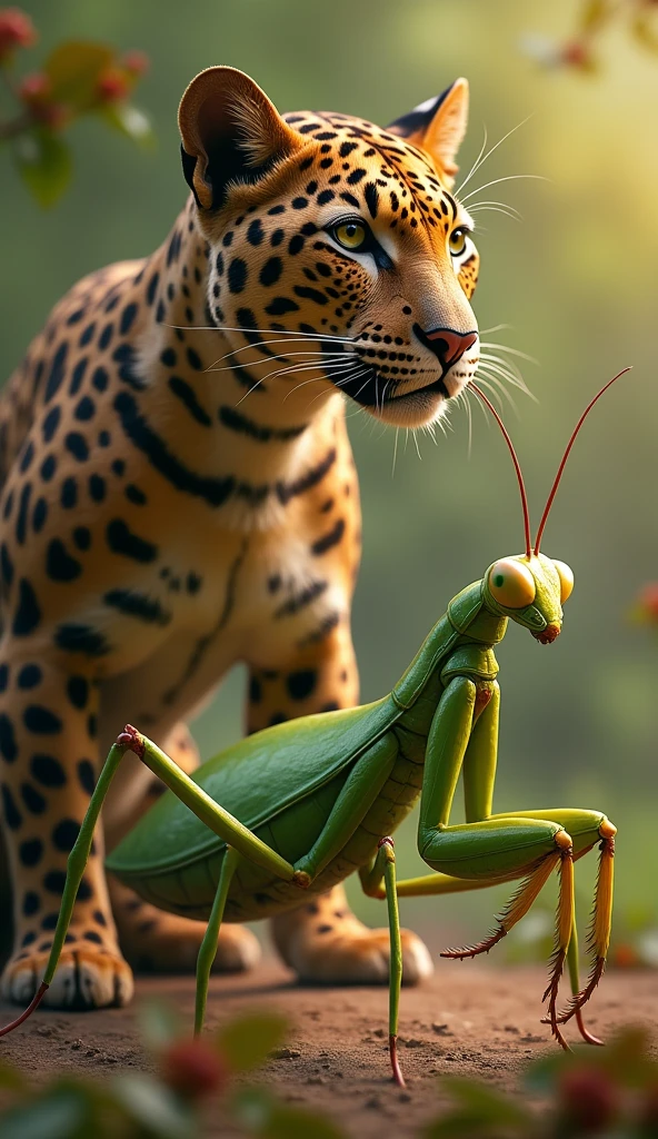 The second image shows a combination of a leopard and a praying mantis. The leopard is looking off into the distance with a calm, composed expression, while a large, green praying mantis is positioned in the foreground. The "+" symbol suggests a possible combination or fusion of these two creatures. The background features warm tones, indicating a natural environment with blurred foliage in the background.