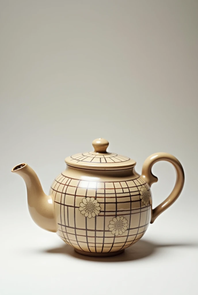  Traditional linear design with thick lines on a teapot and traditional Japanese flowers 