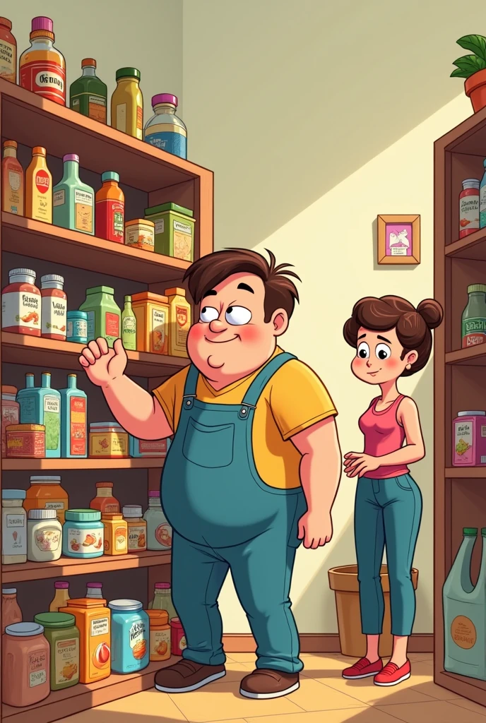 Easy image to draw a cartoon of a man looking for food in the pantry and his partner looks out
