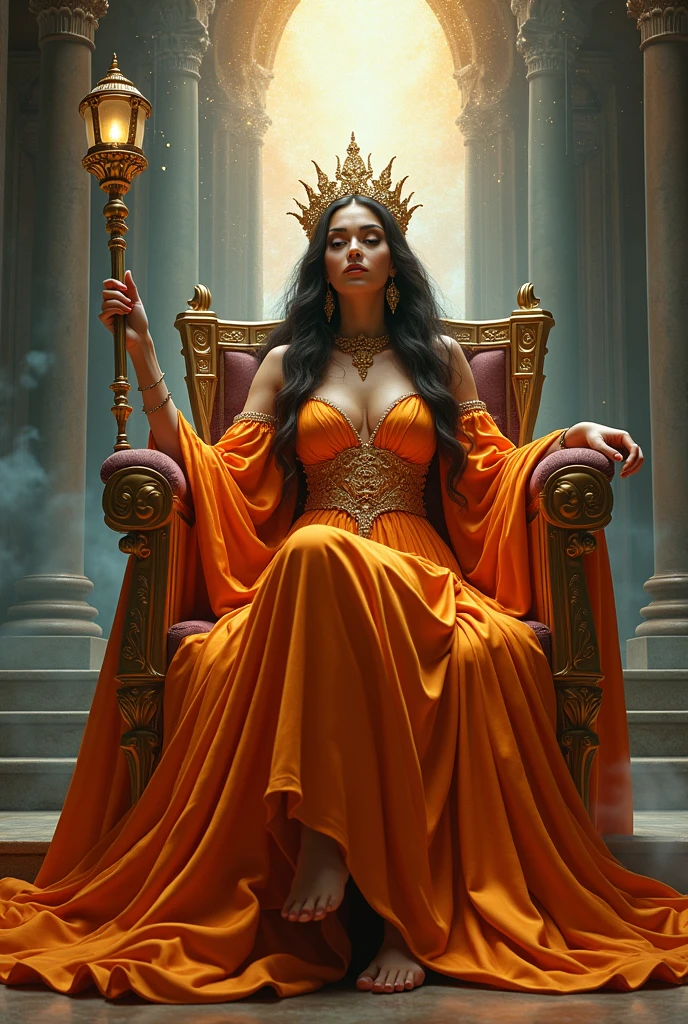 a woman dressed as a sorceress, long candy orange robe. with a setro in her hand, with her crown on her head, perched on a beautiful throne, behind her she has a portal open to another dimension.