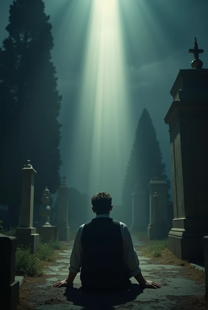 young jewish man ,prostrate on the floor , in a dark cemetery ,a light coming down from heaven