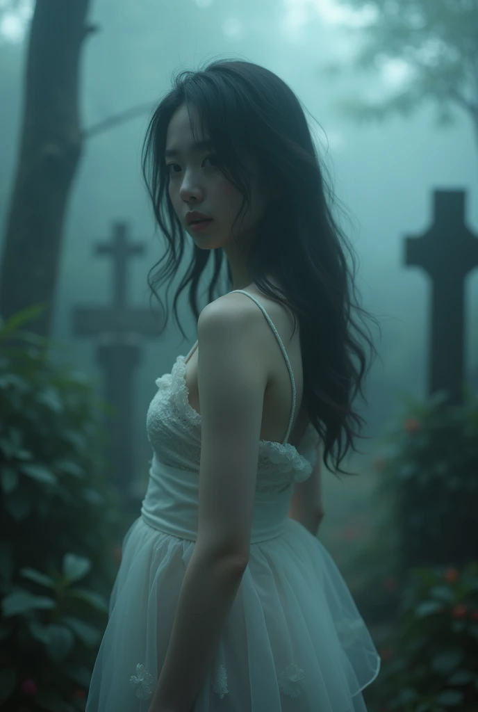 (Female ghost:1.7)、(((In the fog)))、((The body is blurred))、young woman、((Beauty))、Japanese、(cute)、1、((sexy))、Background Graveyard、(((sitting on a grave)))、(((sexyな衣装)))、soul、(best quality,4K,8k,highres,masterpiece:1.2),ultra-detailed,(realistic,photorealistic,photo-realistic:1.37),HDR,uhd,studio lighting,ultra-fine painting,sharp focus,physically-based rendering,extreme detail description,professional,vivid colors,bokeh,cinematic lighting,dramatic shadow,