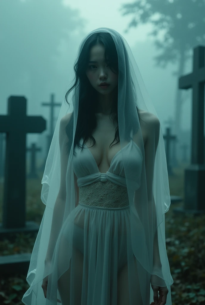 (Female ghost:1.7)、(((In the fog)))、((The body is blurred))、young woman、((Beauty))、Japanese、(cute)、1、((sexy))、Background Graveyard、(((sitting on a grave)))、(((sexyな衣装)))、soul、(best quality,4K,8k,highres,masterpiece:1.2),ultra-detailed,(realistic,photorealistic,photo-realistic:1.37),HDR,uhd,studio lighting,ultra-fine painting,sharp focus,physically-based rendering,extreme detail description,professional,vivid colors,bokeh,cinematic lighting,dramatic shadow,