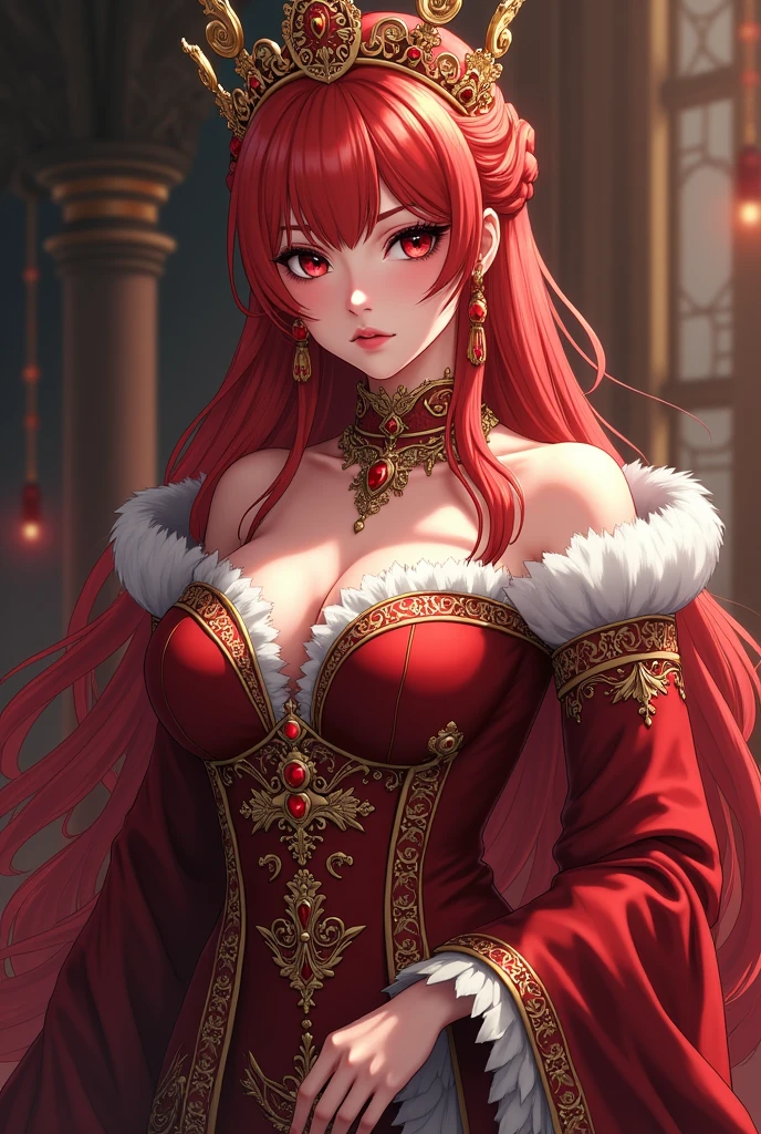 Generates images of a red-haired girl with bangs and Queen clothing, Anime version, who looks about 30 years old, Serious look, Big breasts
