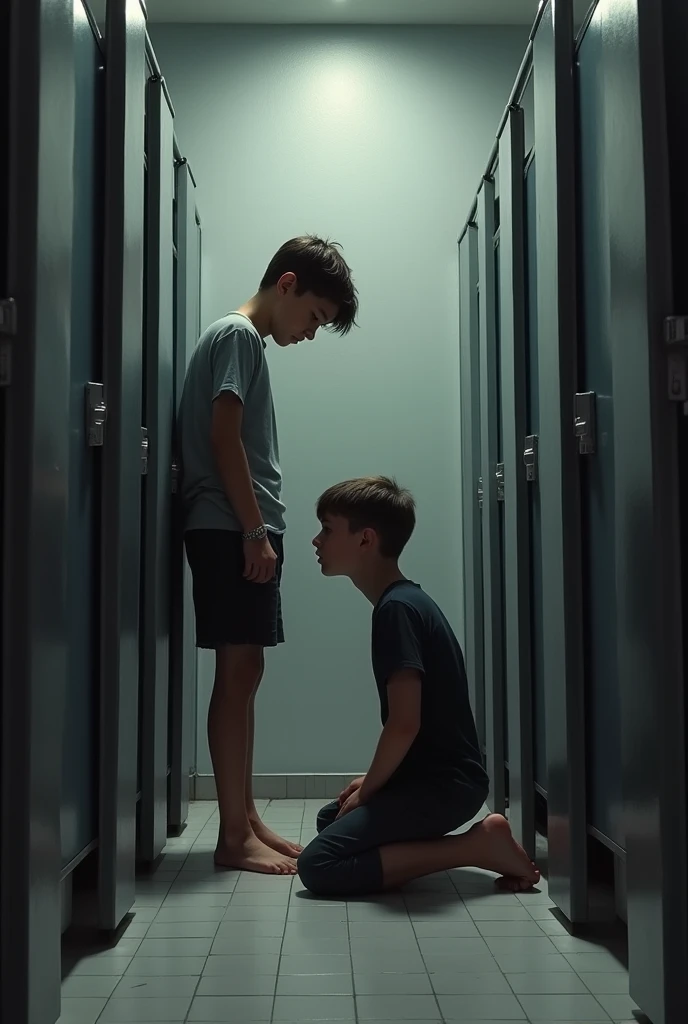 public bathroom, Under the door you can see a boy standing sideways with his pants down and in front of him another boy on his knees