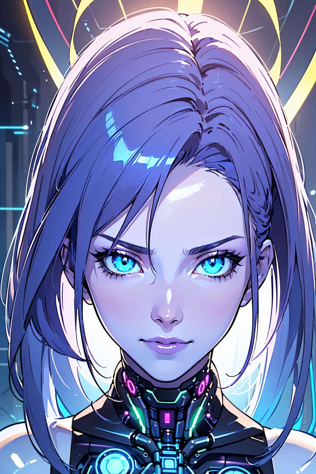 1girl, (masterpiece1.6, perfect face1.6), (long purple hair), (white skin tone), ((((glowing blue eyes)))), ((perfection)), small figure, (((shiny skin, realistic skin texture, 90s style))), ((((cybernetic body)))), 8k, 4k resolution, highly detailed, (beautiful mature woman1.4, squinted eyes), ((Portrait)),