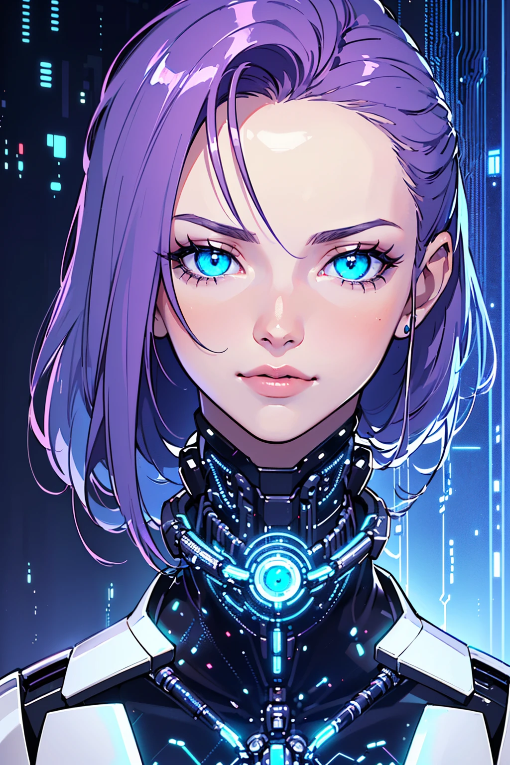 1girl, (masterpiece1.6, perfect face1.6), (long purple hair), (white skin tone), ((((glowing blue eyes)))), ((perfection)), small figure, (((shiny skin, realistic skin texture, 90s style))), ((((cybernetic body)))), 8k, 4k resolution, highly detailed, (beautiful mature woman1.4, squinted eyes), ((Portrait)),