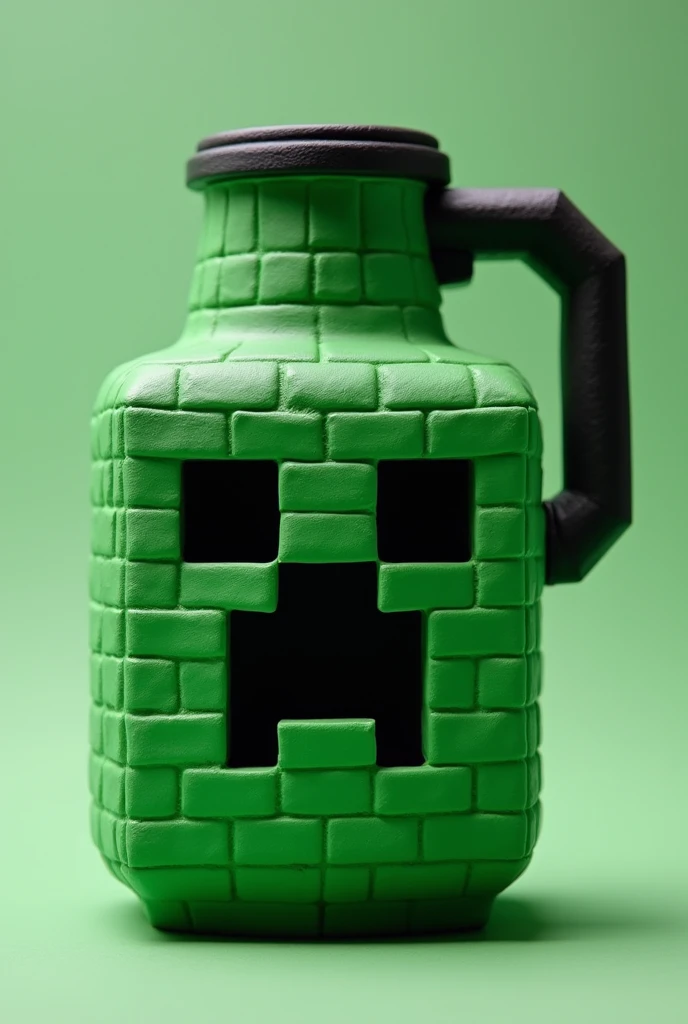 A vessel with a handle inspired by the Minecraft Creeper. The vessel has a pixelated design in green and black tones., with the Creeper's face integrated into its surface."