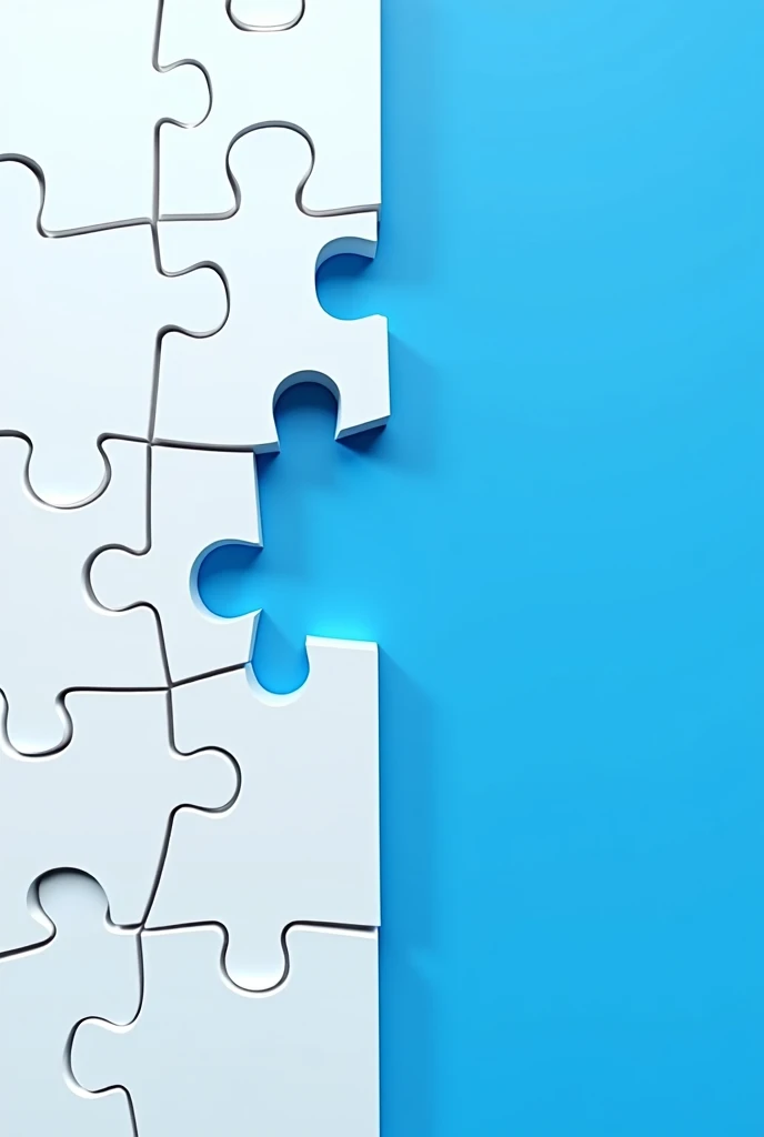 An image with half of it white and half of it blue, The white part must be made up of puzzle pieces with one piece missing and this piece must be placed in the blue part of the drawing. , suggesting the idea of being part to be completed