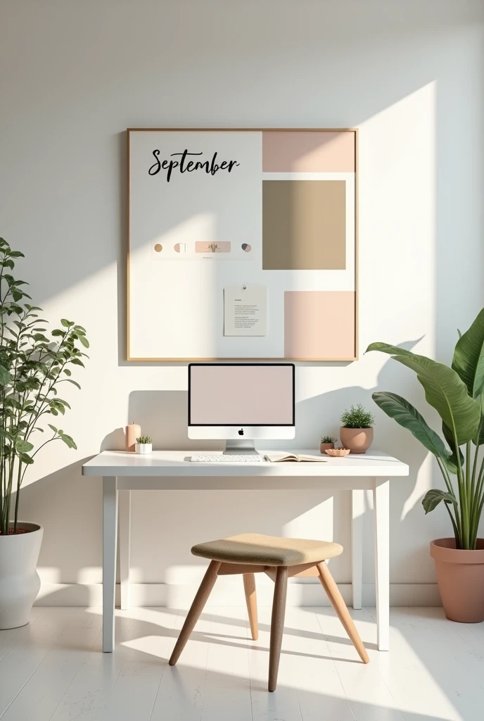 An aesthetic white study table of an interior designer and theres a mood board sticking on wall along and an apple pc on table with September wriiten on its screen...some color plaette are also on the table