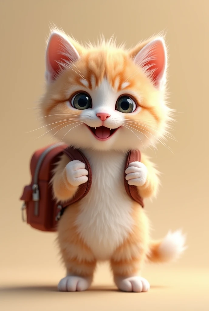 Generate a 4K full-body image of a cute kitten standing happily with a small backpack on its back. The kitten has a cheerful smile, and its fluffy fur is well detailed, showing a realistic texture. The scene has a simple background, with soft lighting that accentuates the kitten's playful nature."