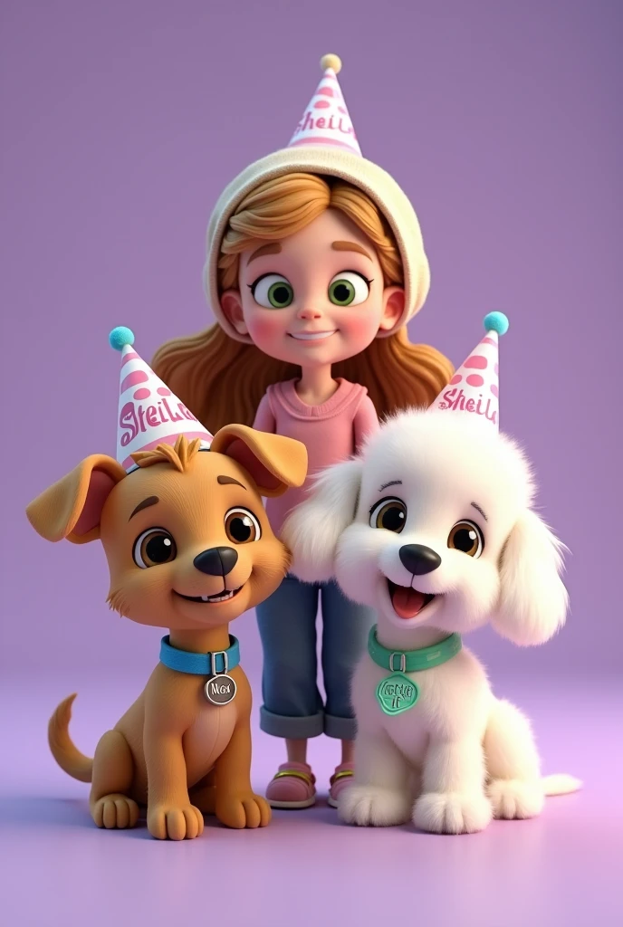 Disney Pixar style 3d render of a mini Australian terrier puppy , color camel, with straight hair and disheveled hair. Very skinny, Medium short hair With a happy face. He has a blue collar that says "Max" and with a birthday hat that says "Sheila" next to an eleven-year-old girl with long blond hair, round face with big green eyes like slanted, wearing loose clothing, very comfortable. With a beautiful smile and a bonnet that says "Sheila". next to the girl, a female white haired mini toy poodle, a little taller than the previous dog, Brown eyes, fluffy with lots of curls also has a birthday hat that says "Sheila" and a green necklace with a tag that says "Forget it". Violet plain background.