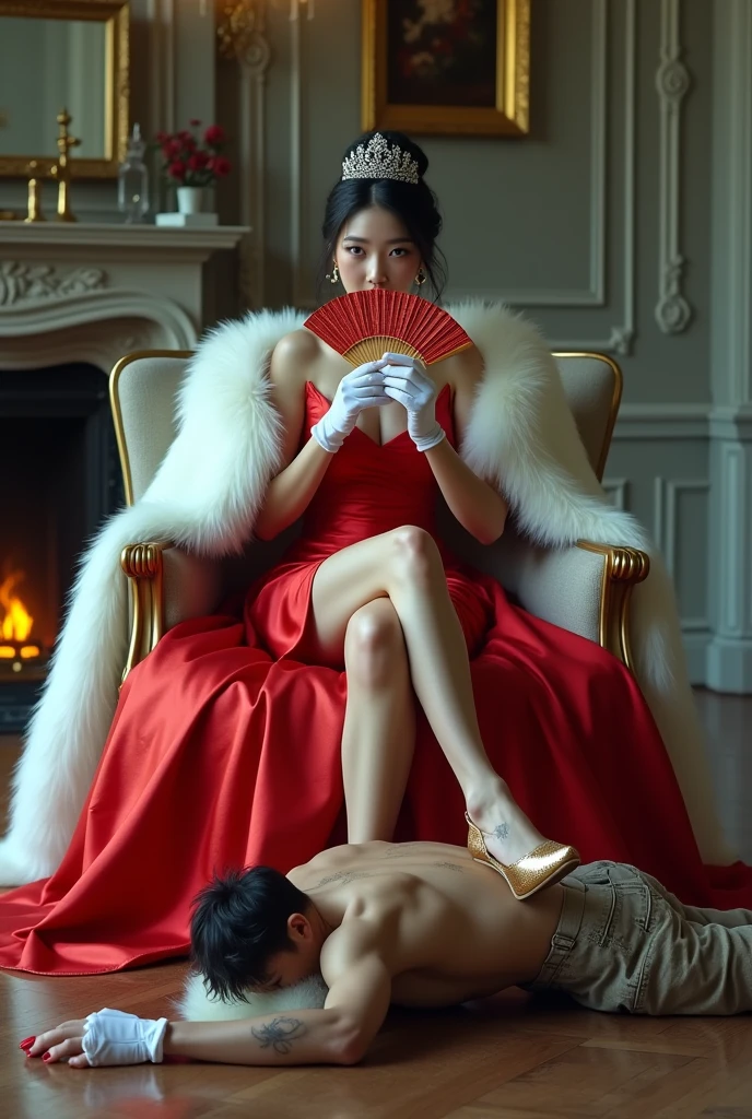 A korean young lady, slightly laugh, with white skin, black hair, dark eyes, red lips, dressed in a red satin mini short dress, white mink short cape, white gloves, tiara, shiny gold high-heeled sandal with white feather, red toenail, is sitting in a luxurious armchair, cross her legs, cover her mouth with folding fan.
Under her sandal an old African man, gray haired, thin, with marked ribs, scars on the skin, dressed in torn pants and a dirty shirt, is lying face down, and sticks out his tongue to clean the garbage from the floor. 
In the background, an elegant room with gray walls, a fireplace lit in a corner, and decorative paintings.