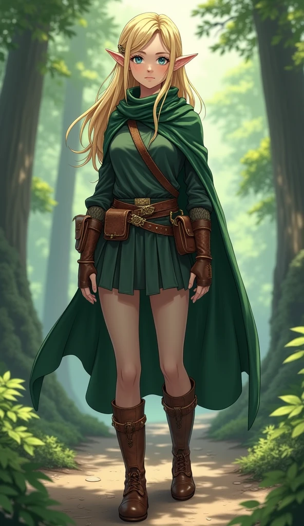 Anime girl harf elf  1 girl, blonde hair. blue eyes Half-elf Elara opts for a practical look with an elvish twist. She wears a dark green tunic made of lightweight, durable fabric, with leather trim on the sleeves and upper torso for added protection. The tunic is cinched at the waist with a leather belt, which accentuates her figure and holds the skirt in place. Elara's skirt is made of a strong, flexible fabric, with overlapping layers that allow for freedom of movement. The skirt reaches to her knees and is slightly gathered for comfort during walking and fighting. She wears soft but durable leather boots with grippy, absorbent soles. Elara's belt is ornate, with small compartments and clasps for storing her tools and weapons. The green cloak she wears is ideal for camouflage in the forest, and is fastened with a buckle around her neck.Full body 