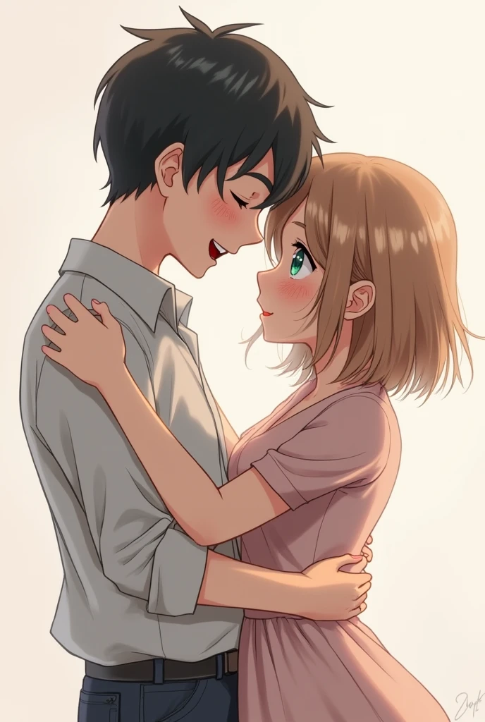 In the romantic scene, a white boy with black hair, A little by the shoulders he is hugging a girl by the waist . She has light brown hair, shoulder-length, and green eyes, I think I'm pale. He has blue eyes and, while she maintains a serious but blushing expression, He laughs playfully. The atmosphere is flirtatious, with him enjoying the contrast between his laughter and her seriousness.