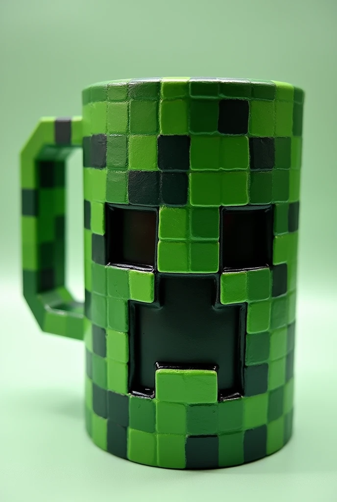A vessel with a handle inspired by the Minecraft Creeper. The vessel has a pixelated design in green and black tones., with the Creeper&#39;s face integrated into its surface."