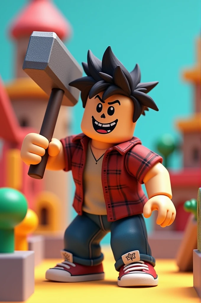 A man with messy hair with a black marker holding a sledgehammer in roblox style