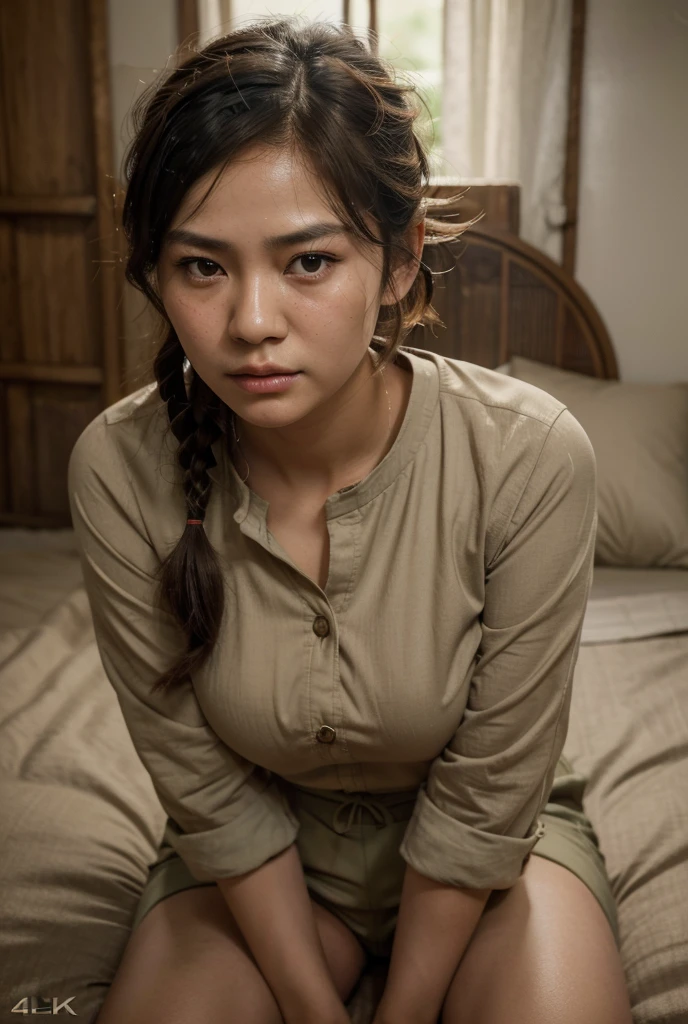 1girl, beautiful detailed female vietcong woman, young, vietnam, southeast asia, southeast asian face, voluptuous, curvaceous, short, petite, thicc, thin thighs, natural, natural lashes, no makeup, glistening sweat, ager, ulzzang, cute face, thin face, skinny face, thin cheeks, tsundere, annoyed face, angry face, furrowed brows, frowning, varied nose, varied eyes, thin lips, traditional clothing, military clothing, baggy clothing, shirt collar, buttoned clothes, arafed woman, vietnamese farmer, vietnam harvest, vietnam rural travel, vietnamese woman, traditional vietnam, rural vietnam, in bed, makeshift bed, fields, impoverished, disheveled, farmer, farming, messy thick luscious hair, tied short hair, short hair, traditional hairstyle, cute hairstyle, cute haircut, bob cut with pigtails, detailed face, penetrating eyes, beautiful detailed lips, extremely detailed skin, detailed clothing, colorful clothing, (best quality,4k,8k,highres,masterpiece:1.2),ultra-detailed,(realistic,photorealistic,photo-realistic:1.37), natural lighting, warm color tones, cinematic composition