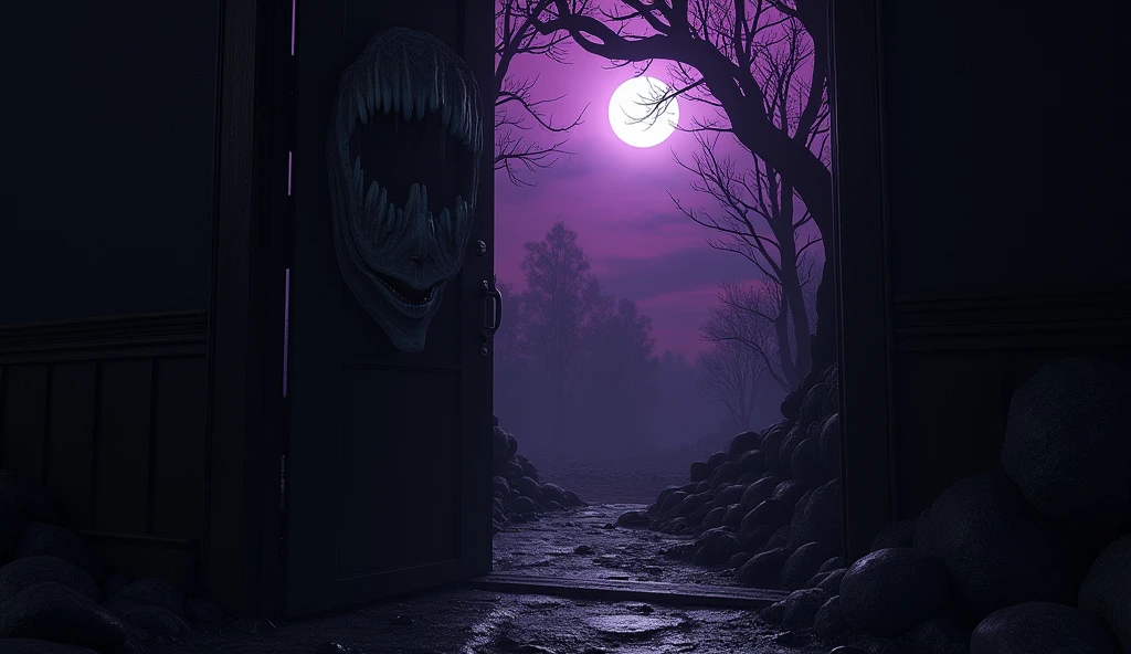 realistic a mysterious door opens, see a scary dark wood in the door, dark purple sky at night, everything almost blackout and see scary smile in the dark wood