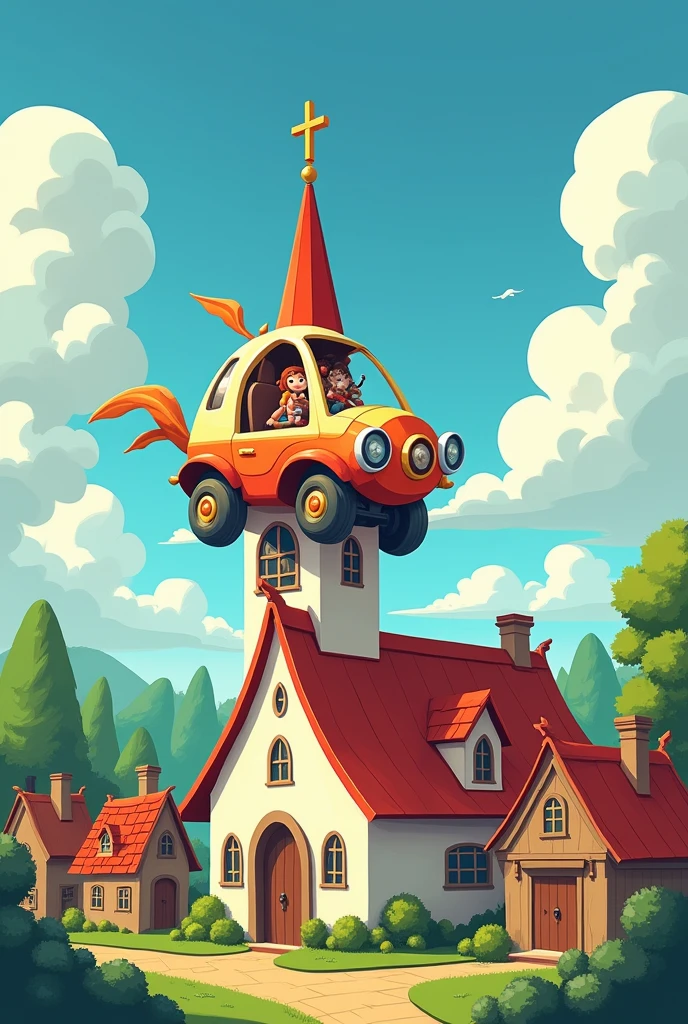 I want one on top of a church, in a setting with wooden houses, several next to the church and a car with one inside leaving, cartoon style art