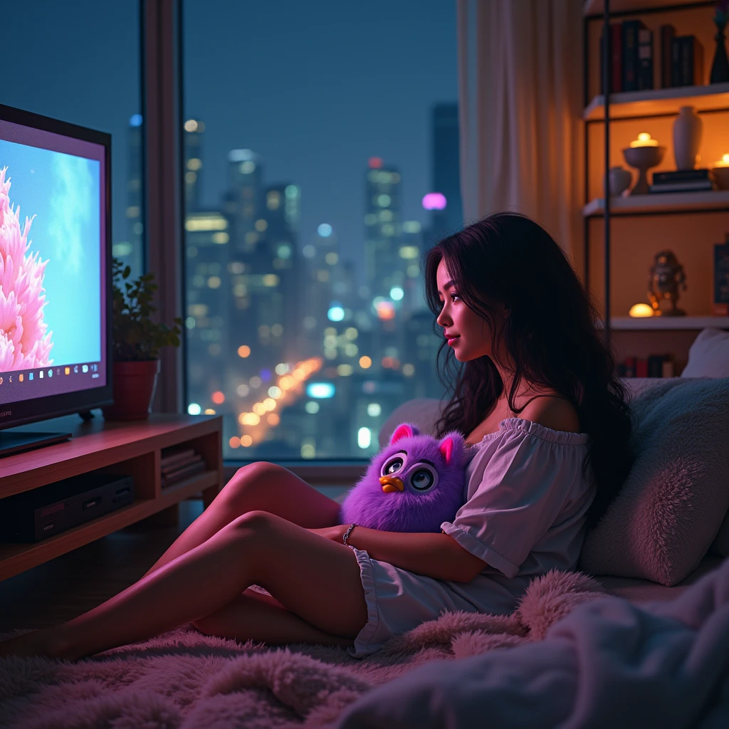 realistic photo of a (pretty girl, 20 years old, brunette, black eyes) with a furby-like plushy at a cozzy appartament into a glass building, (full lips) , ((perfect face)), [[mild smile]], proportionate body,mixed white-latina herritage, nubyan nose, beautyfull, beautyfull face, tanned skin, two arms, two legs, five fingers by hand, full body, (softly curly black long hair), brunette curly girl and viewing a wide flat scren at her sofa with a furby-like toy, minimalistic cozy apartament into cristal building, neon night cyberpunk city behind cristal glass, photo taken from side, sleepwear, mezzy stuff at carpet, shelves with books and collectibles, huge tv screen, eyes stright to TV screen, (western girl), [mixed white-latina girl]
