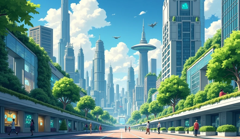 anime style, manga style, aerial view, view from the sky, ecofuturistic city, futuristic city, Ecological city with many trees, green City,