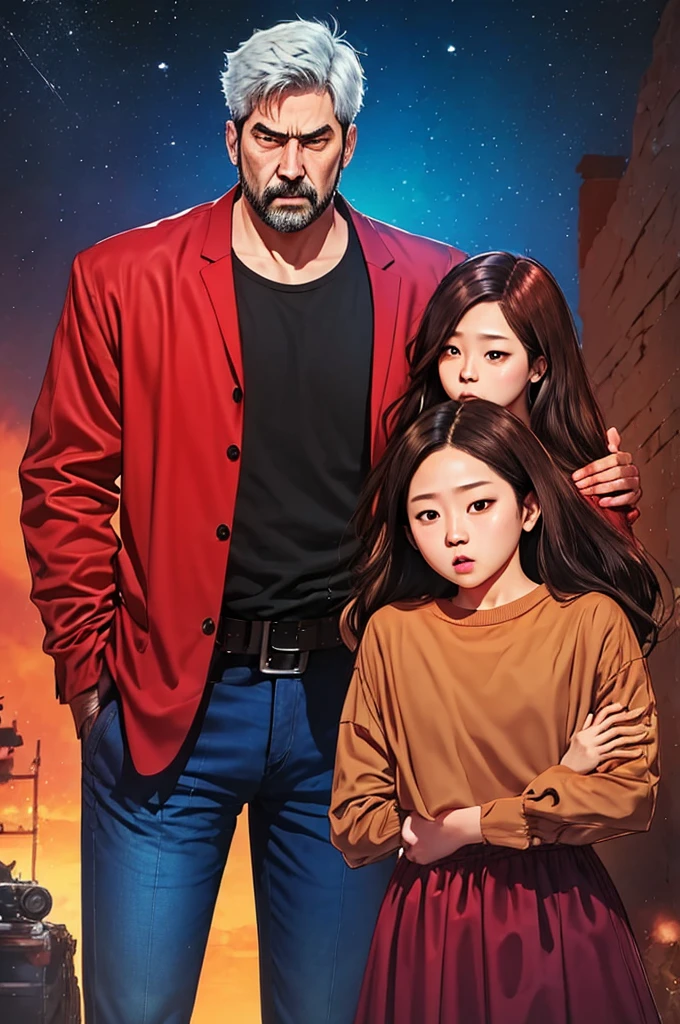 painterly manhwa art style, Acrylic painting style, dark colors, male father, parent, drinking, daughter on back, park background,