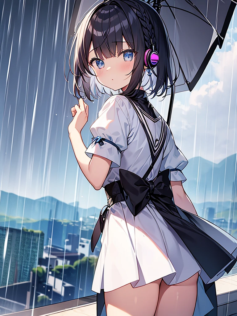 Tabletop, highest quality,shape, wallpaper, Very detailed, Absurd, One Girl、 (Medium Short Hair、Short braided hair), very fine and beautiful eyes、Hmph、Small Head、きれいなrain空、(panoramic:1.5)、Headphones、study、rain、梅rain、rain上がり、weather 、The beauty of looking back、Akita Mi