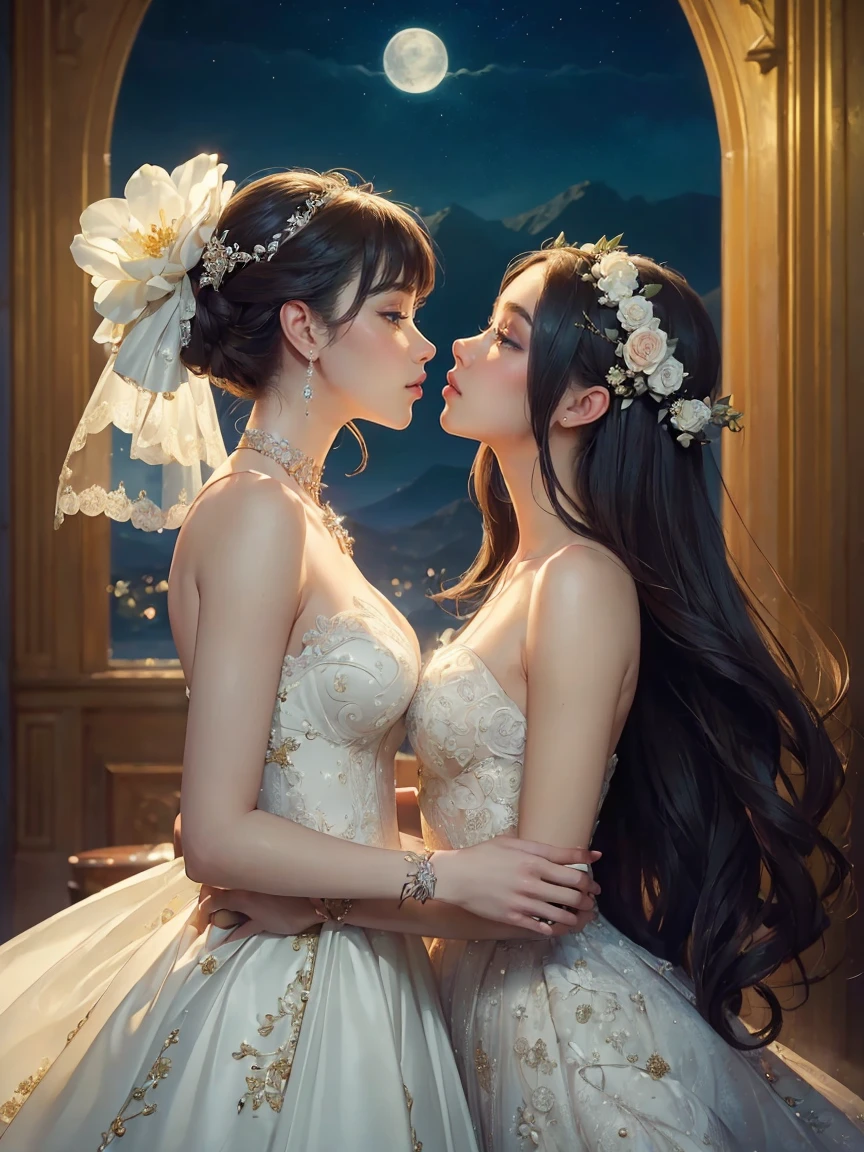 (masterpiece, highest quality, official art, beauty and aesthetic:1.5), perfect anatomy, two stunning bride is deeply in love with each other, kiss, romantic atmosphere, flower and moon, magnificent panorama view