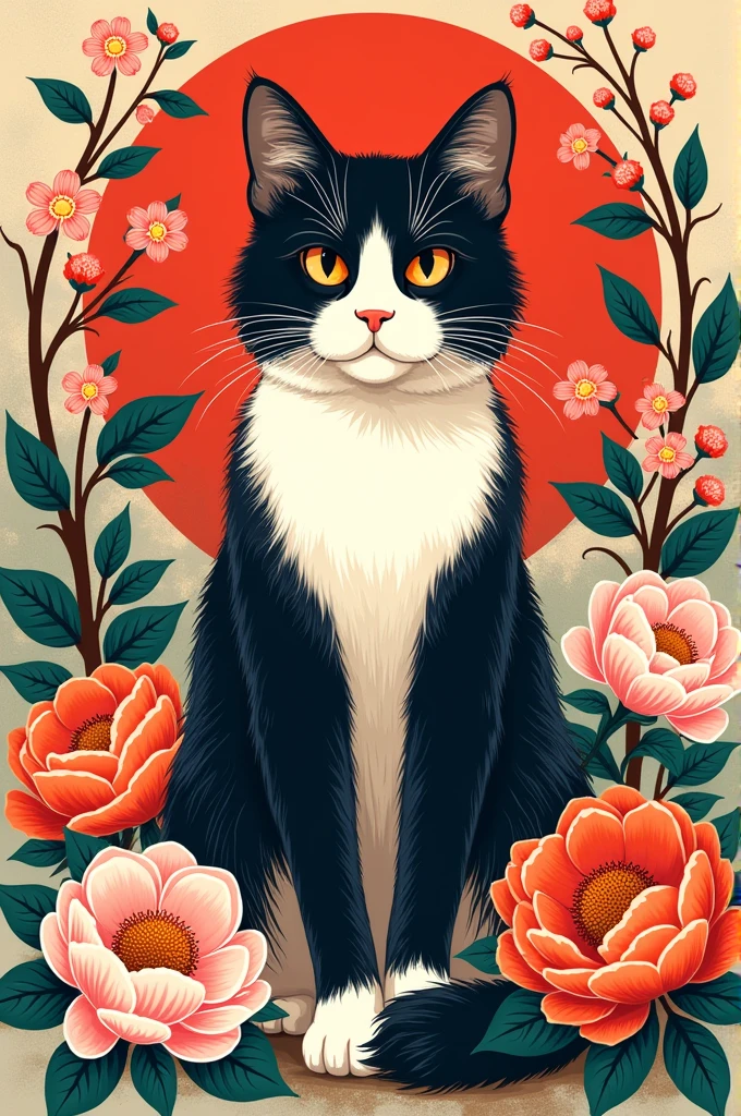 Traditional design with thick lines of a cat with Japanese flowers 