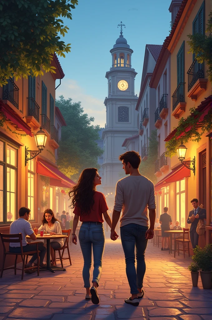 supper: A little city. Lara and her friend João are in the central square.
create in drawing form 