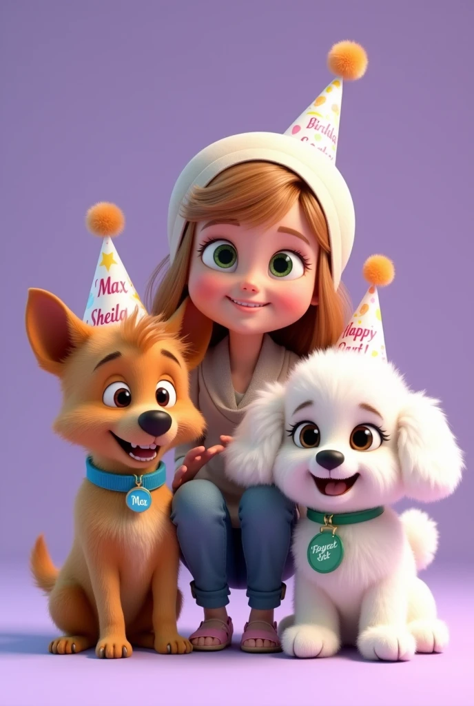 Disney Pixar style 3d render of a mini Australian terrier puppy , color camel, with straight hair and disheveled hair. Very skinny, Medium short hair With a happy face. He has a blue collar that says "Max" and with a birthday hat that says "Sheila" next to an eleven-year-old girl with long blond hair, round face with big green eyes like slanted, wearing loose clothing, very comfortable. With a beautiful smile and a bonnet that says "Sheila". next to the girl, a female white haired mini toy poodle, a little taller than the previous dog, Brown eyes, fluffy with lots of curls also has a birthday hat that says "Sheila" and a green necklace with a tag that says "Forget it". Violet plain background.