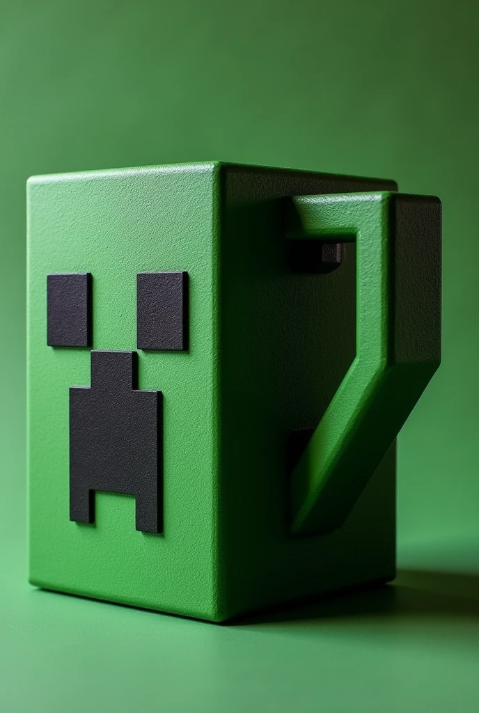 A vessel with a handle inspired by the Minecraft Creeper. The vessel has a pixelated design in green and black tones., with the Creeper's face integrated into its surface."