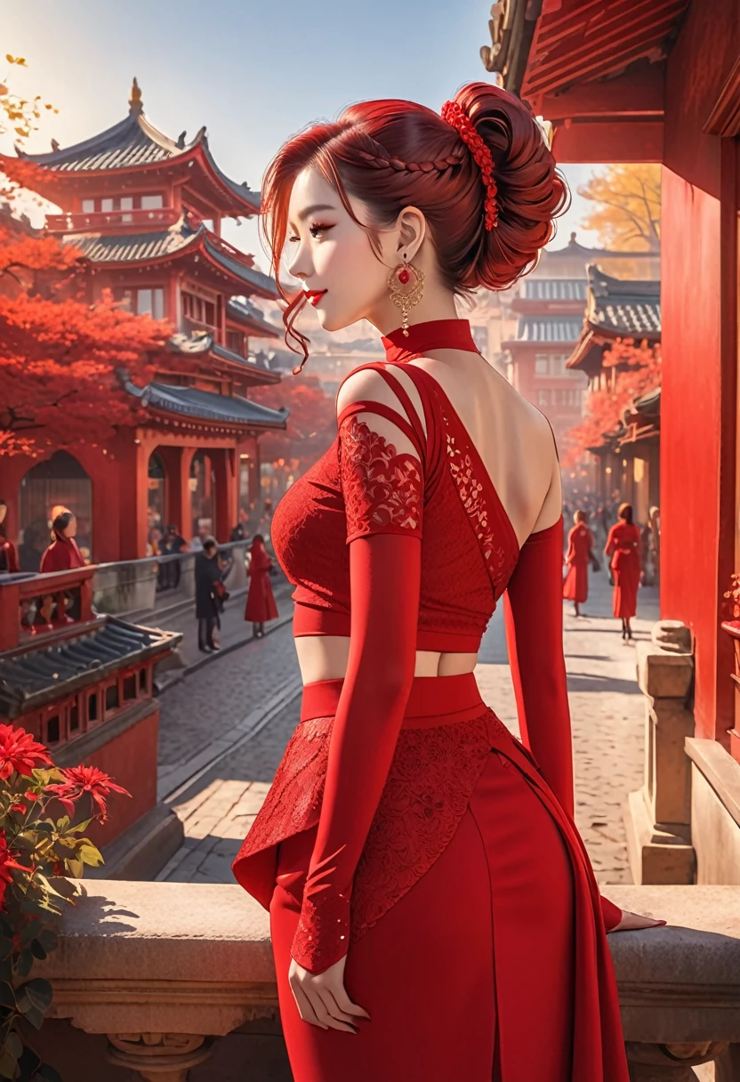 The image shows a person wearing a striking red outfit composed of a one-sleeve top with a cutout shoulder and a form-fitting skirt. The ensemble includes sheer red tights and is accessorized with earrings and rings. The person has their hair styled in a braided updo. The background suggests an outdoor setting with people and architecture bathed in warm light.