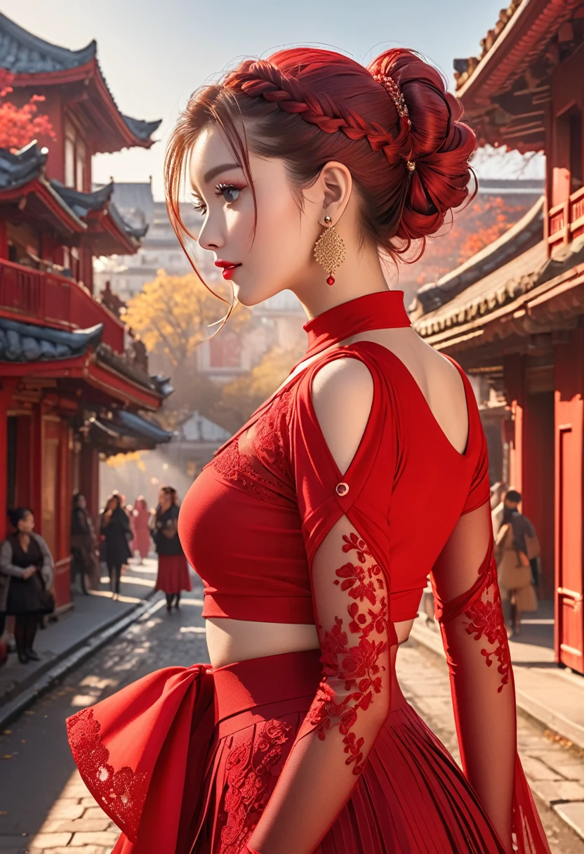 The image shows a person wearing a striking red outfit composed of a one-sleeve top with a cutout shoulder and a form-fitting skirt. The ensemble includes sheer red tights and is accessorized with earrings and rings. The person has their hair styled in a braided updo. The background suggests an outdoor setting with people and architecture bathed in warm light.