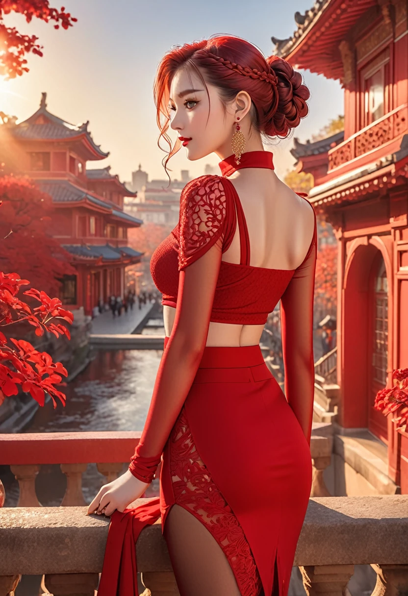 The image shows a person wearing a striking red outfit composed of a one-sleeve top with a cutout shoulder and a form-fitting skirt. The ensemble includes sheer red tights and is accessorized with earrings and rings. The person has their hair styled in a braided updo. The background suggests an outdoor setting with people and architecture bathed in warm light.