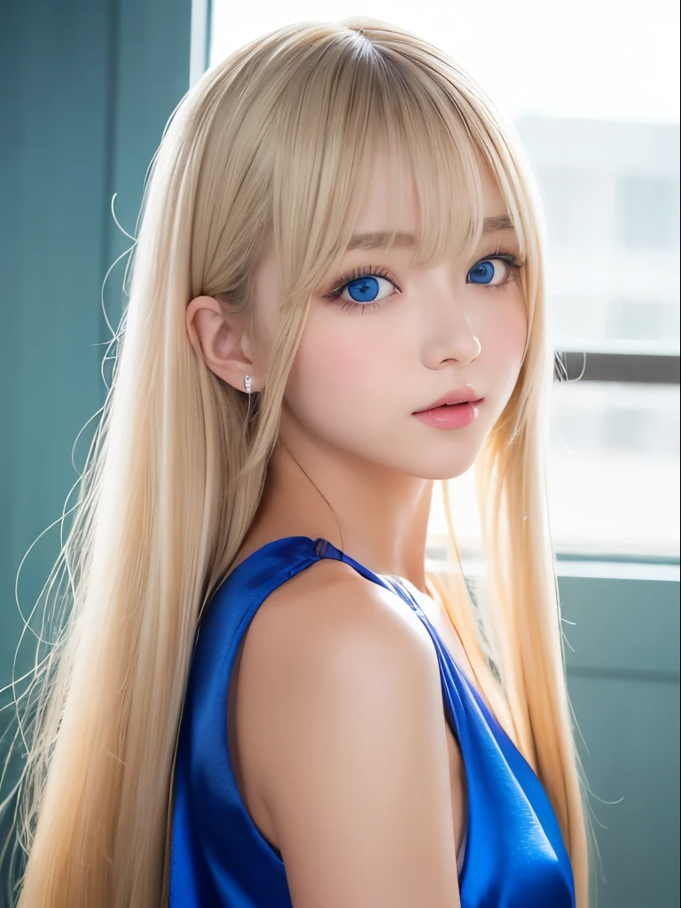 A sexy girl with shiny, silky blonde hair、Cute sexy little pretty face with shiny hair dancing in front of a beautiful pretty face、Long, silky bangs that cover the eyes、Beautiful large light blue eyes、 Super long, straight, silky hair that covers the face、Sexy and cute young woman、school&#39;s、Small Face Beauty、Beautiful, pure white glowing skin、