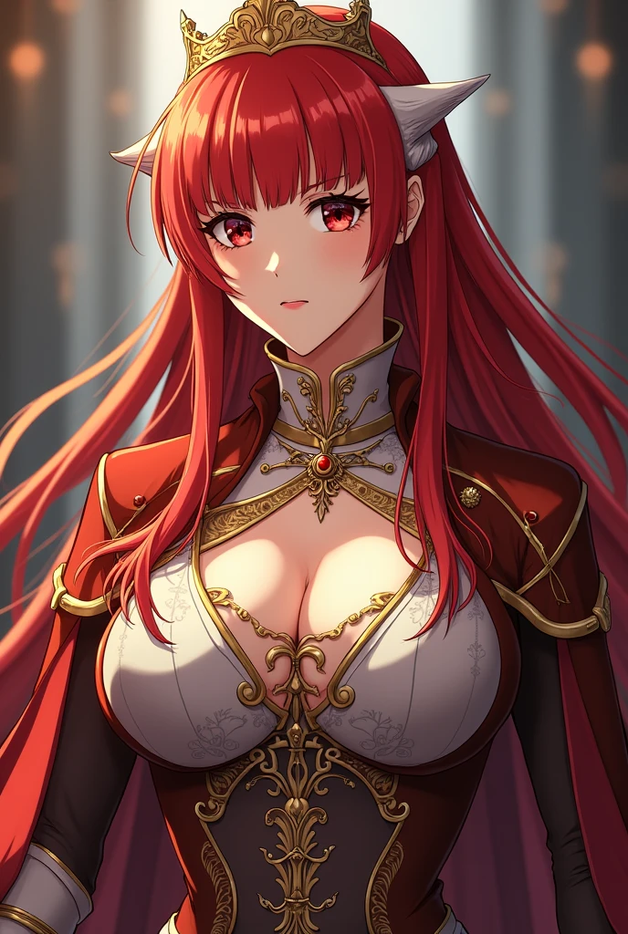 Generates images of a red-haired girl with bangs and Queen clothing, Anime version, who looks about 30 years old, Serious look, Bigger breasts