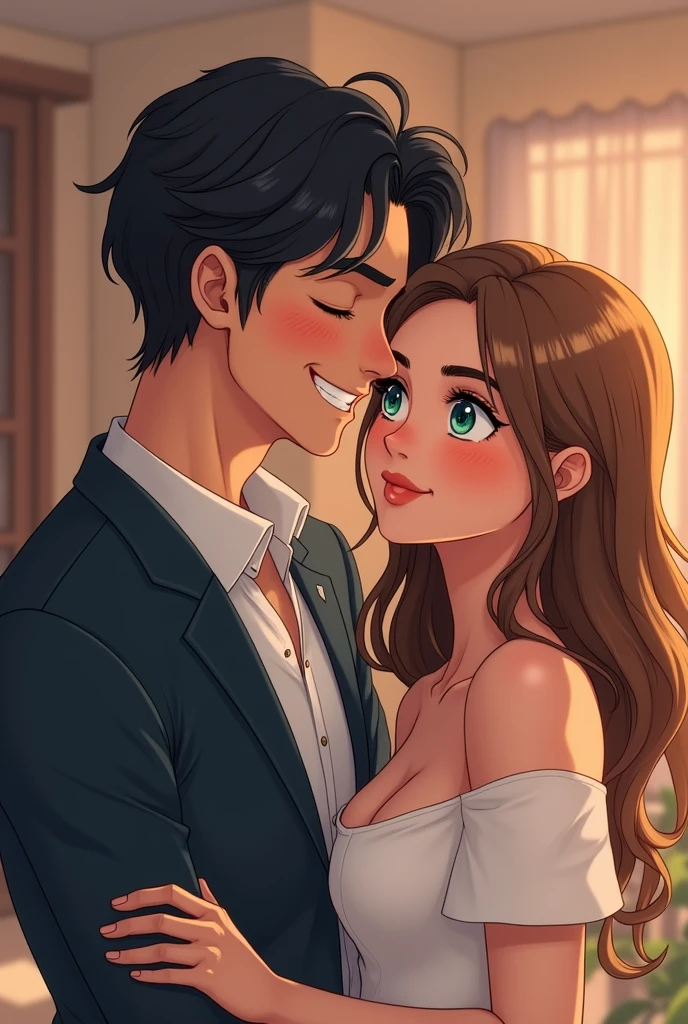 In the romantic scene, an attractive white masculine guy with black hair, A little by the shoulders he is hugging a girl by the waist . She has light brown hair, shoulder-length, and green eyes, I think I'm pale. He has blue eyes and, while she maintains a serious but blushing expression, He laughs playfully. The atmosphere is flirtatious, with him enjoying the contrast between his laughter and her seriousness.