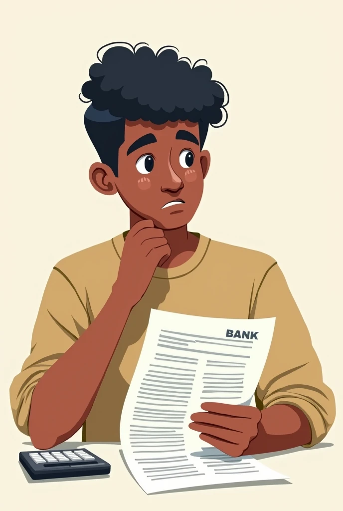 an image of a person carefully reviewing a bank statement, and a calculator next to it.(that the drawing style is not realistic but I want it to be well done?