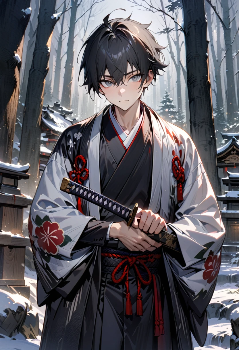 young man with calm face ,Male Dark, dark snowy Woods,Red, White & Black color clothes, japanese winter clothes, gray eyes, short black hair, black japanese hanten,samurai dnd, forest shrine background, sheathed katana, masterpiece, detailed hands, detailed image