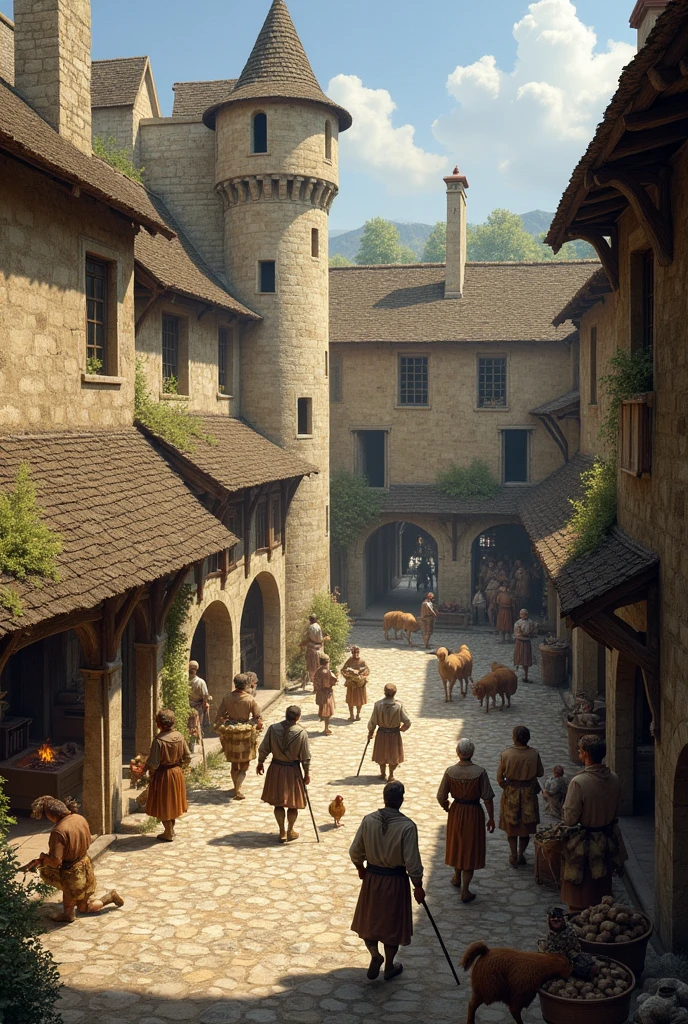 Une cour interieur de chateau fort en dordogne avec des gens du miyen age qui y travaille