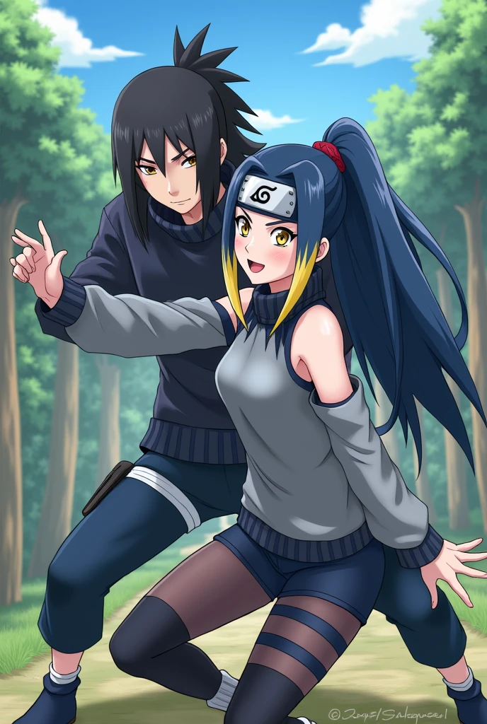 Girl with long blue hair with yellow highlights held in a high ponytail, blue and yellow eyes mixed, white skin with pink undertones, The ninja band will be around your neck, Your clothes will be grey and dark blue, She will wear a sleeveless, long-necked sweater top and shorts with black tights so that the background is the village hidden among the leaves., Naruto Shippuden drawing style who is  and is together with Madara Uchiha in a fight